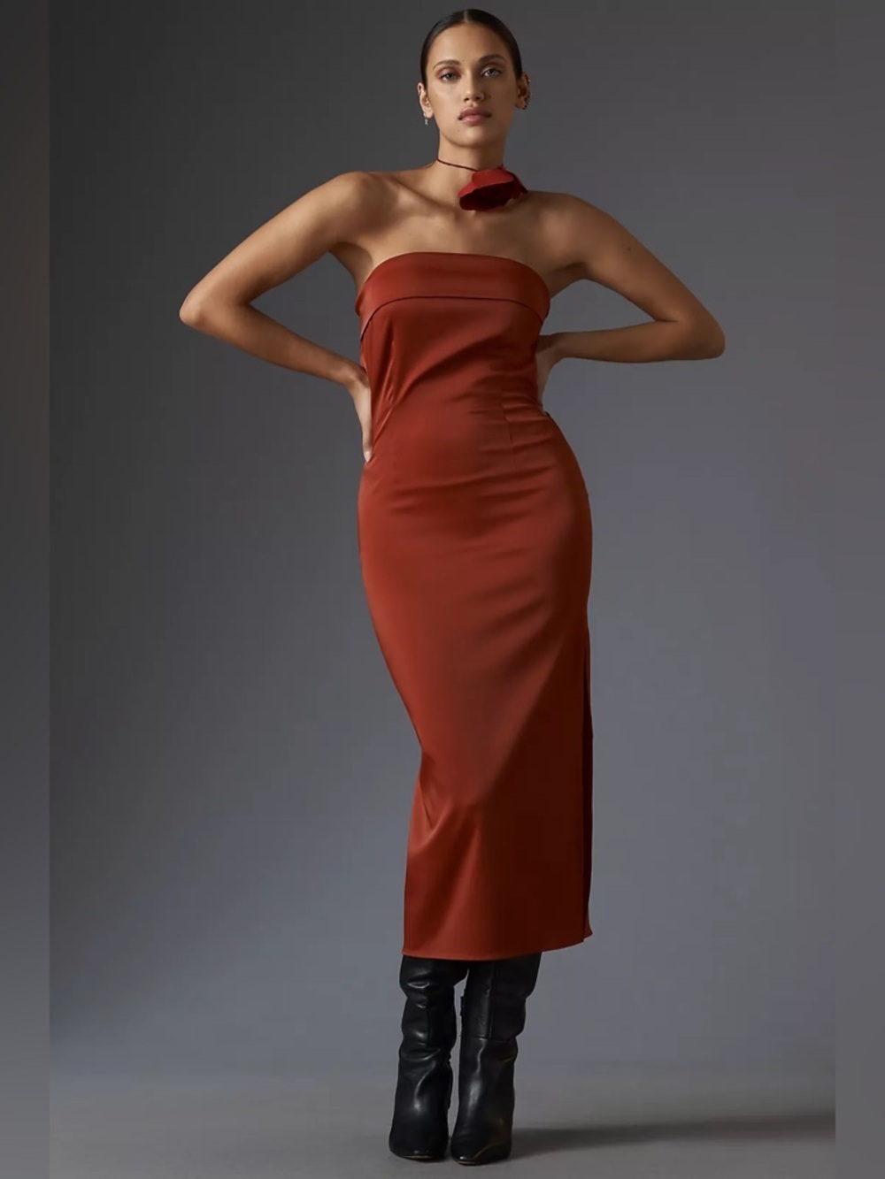 Anthropologie Strapless Cowl Back Satin Slit Midi Dress in Red Rust Large NEW